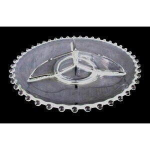 Vintage Imprial Glass Candlewick Clear Glass Divided Serving Tray w Beaded Rim -